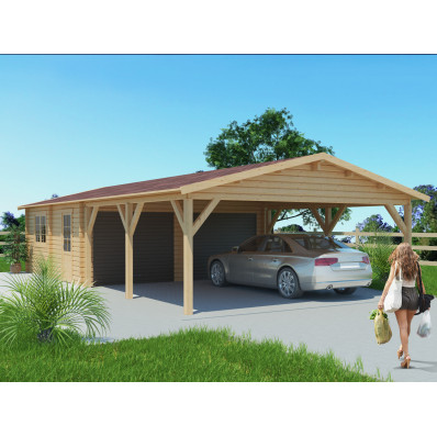 Garage en bois double (44 mm) 6x6 m avec carport